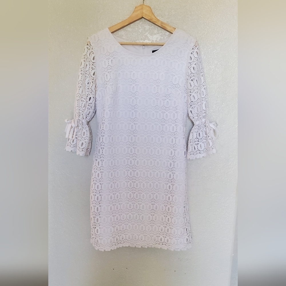 Karin Steven White Lace Overlay Sheath Midi Dress Sheer Bow Tied Bell Sleeves
